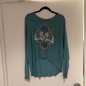 Teal Long Boho Sleeve Graphic Top